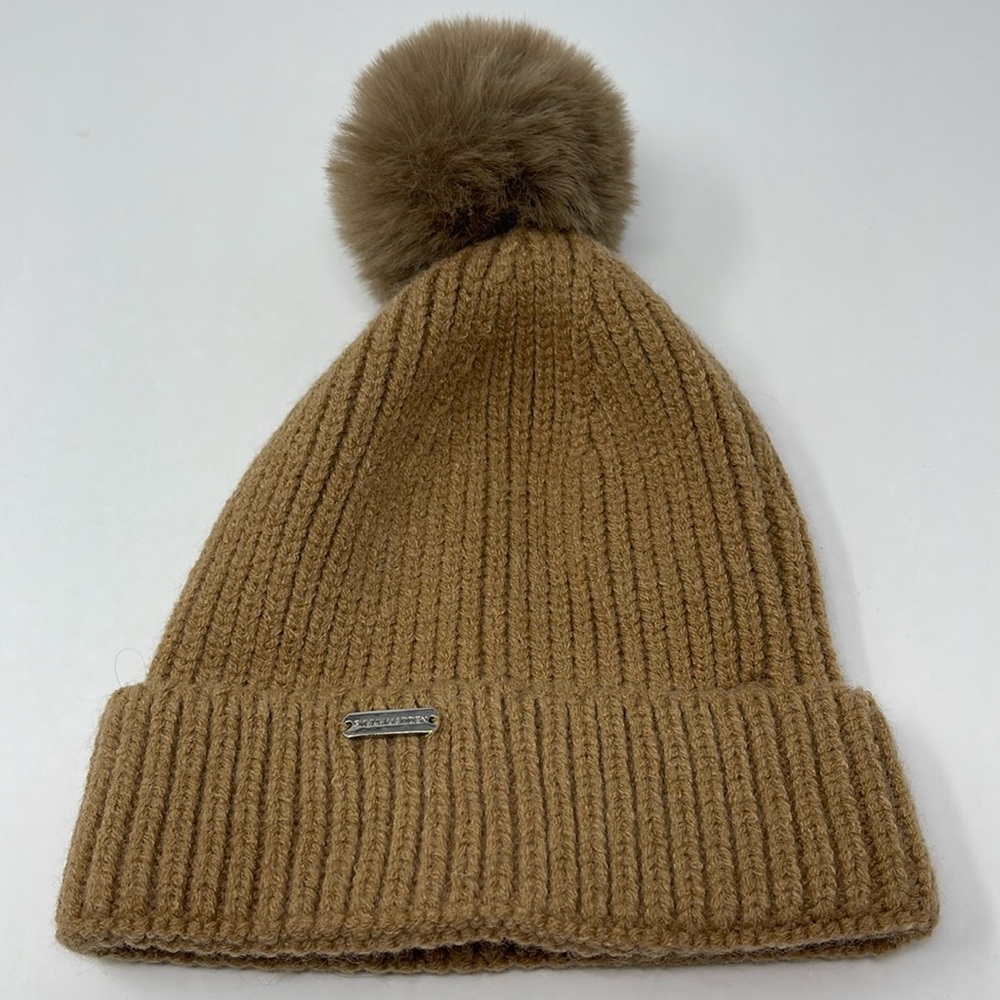 STEVE MADDEN: Brown Knit Beanie Hat with Pom Pom